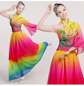 Rainbow colored long sleeves flesh chiffon patchwork women's ladies china folk yangko fan dance cos play dancing performance costumes outfits